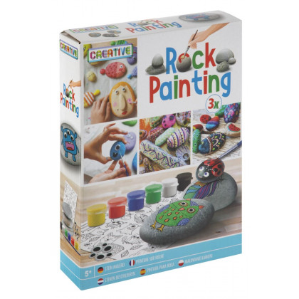 Kreativní set malování kamínků 3 kameny + 6 barev + nalepovací oči + samolepky + štětec