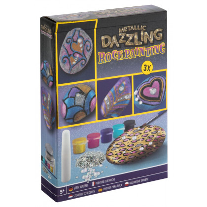 Kreativní set malování kamínků metalické 3 kameny + 5 barev + dekorace + štětec