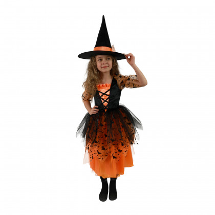 Dětský kostým oranžová čarodějnice/Halloween  s kloboukem (M) e-obal