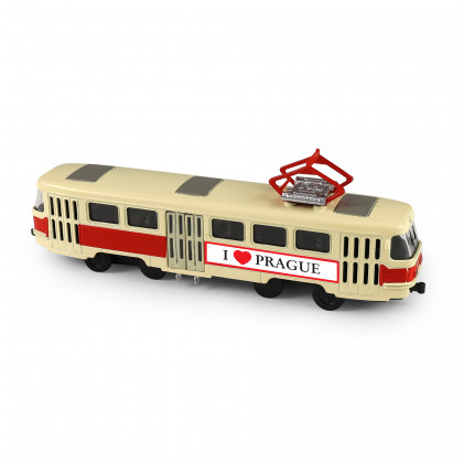 Kovová česká retro tramvaj červená 16 cm PRAGUE otevírací dveře