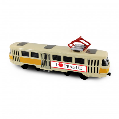 Kovová česká retro tramvaj žlutá 16 cm PRAGUE otevírací dveře