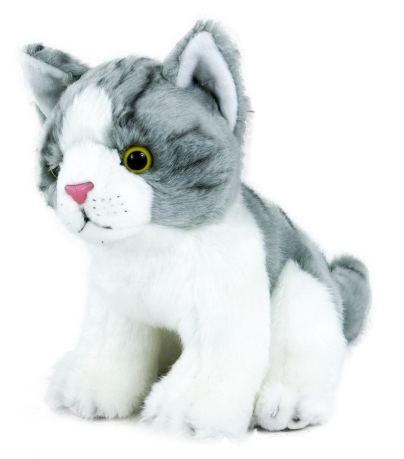 plyšová kočka šedo-bílá, sedící, 18 cm