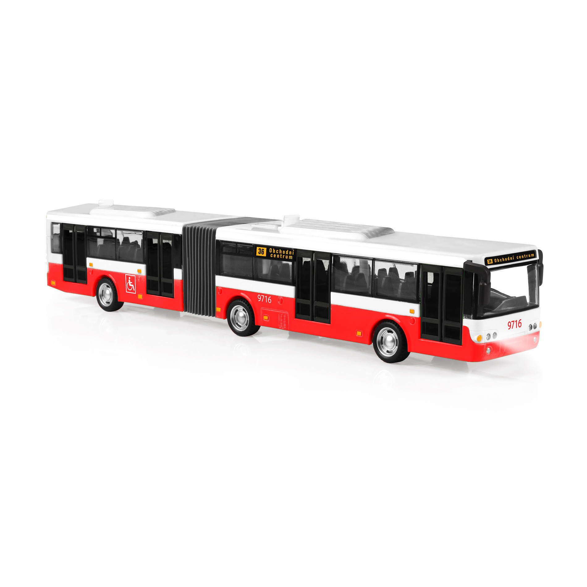 Kloubový autobus který hlásí zastávky česky 36 cm červený