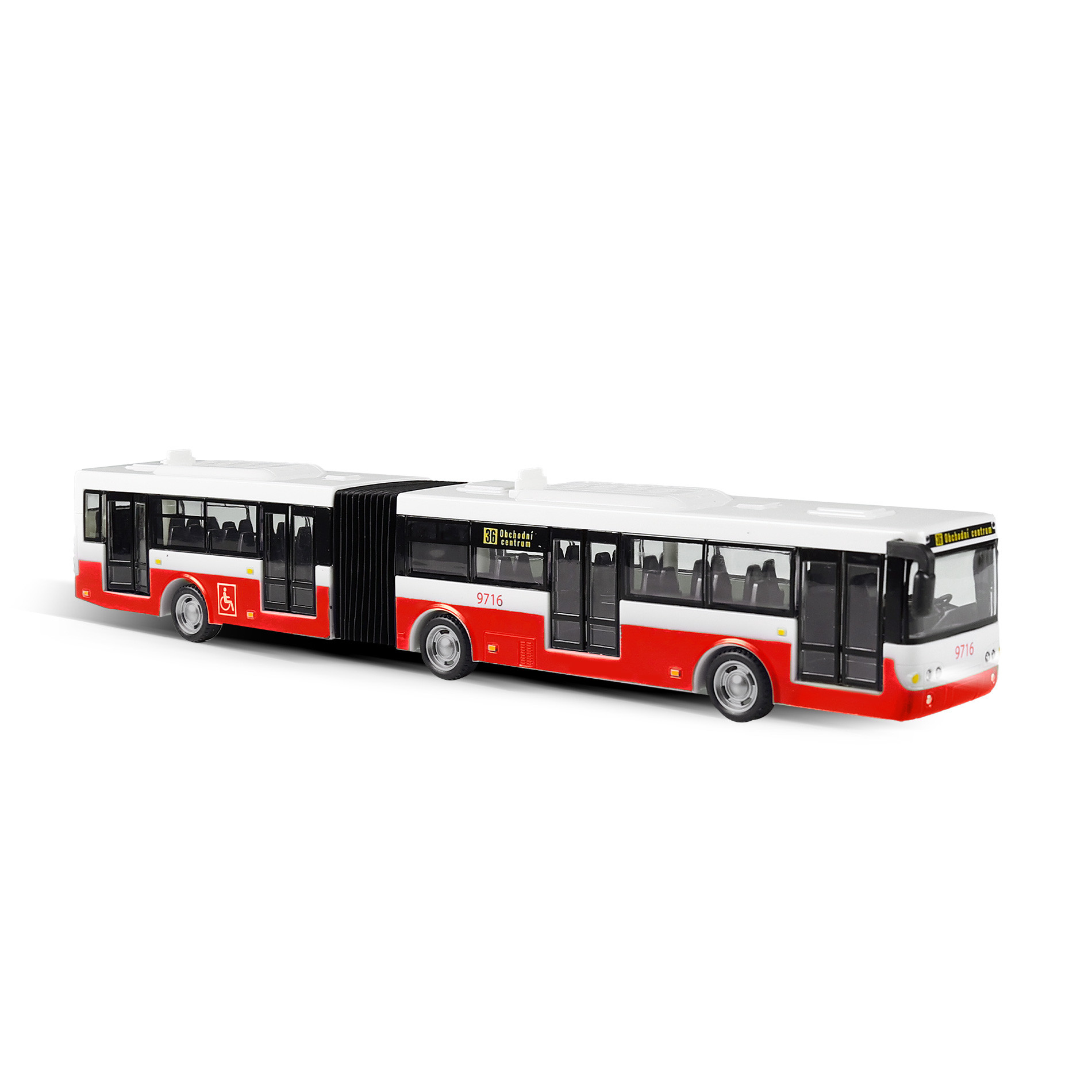 Kloubový autobus který hlásí zastávky česky 36 cm červený