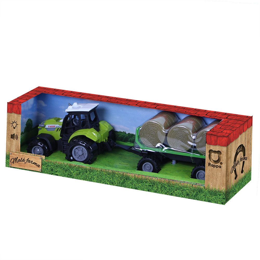 Traktor se zvukem a světlem s vlečkou a balíky slámy