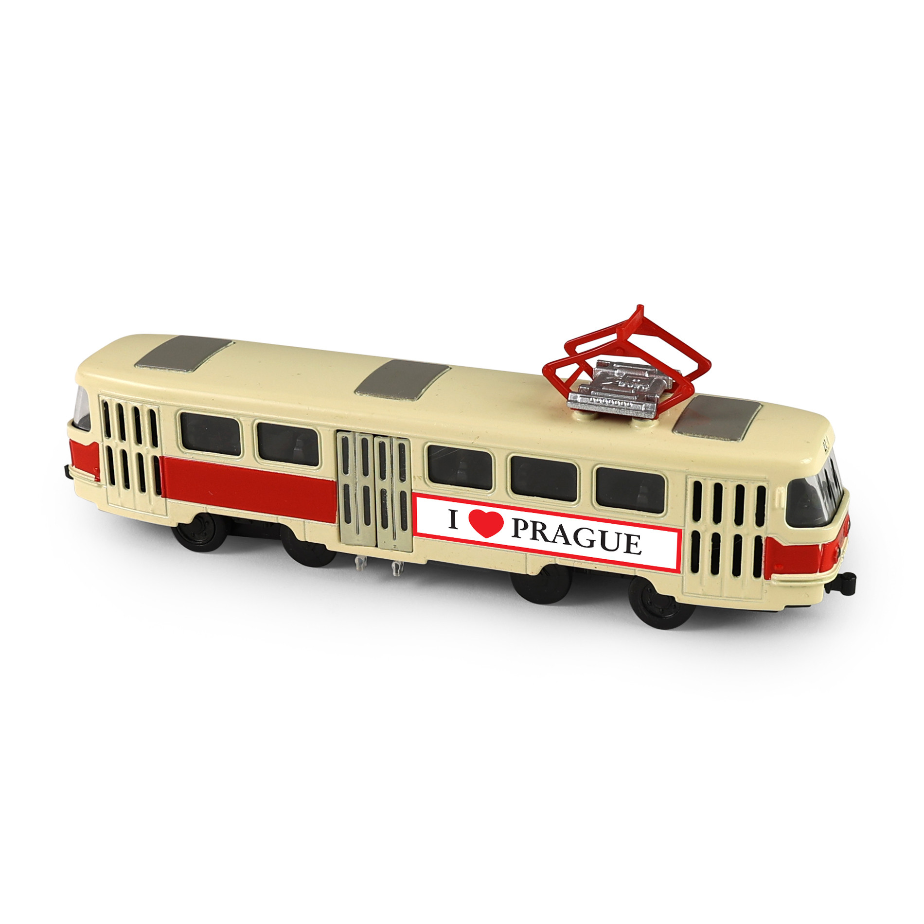 Kovová česká retro tramvaj červená 16 cm PRAGUE otevírací dveře
