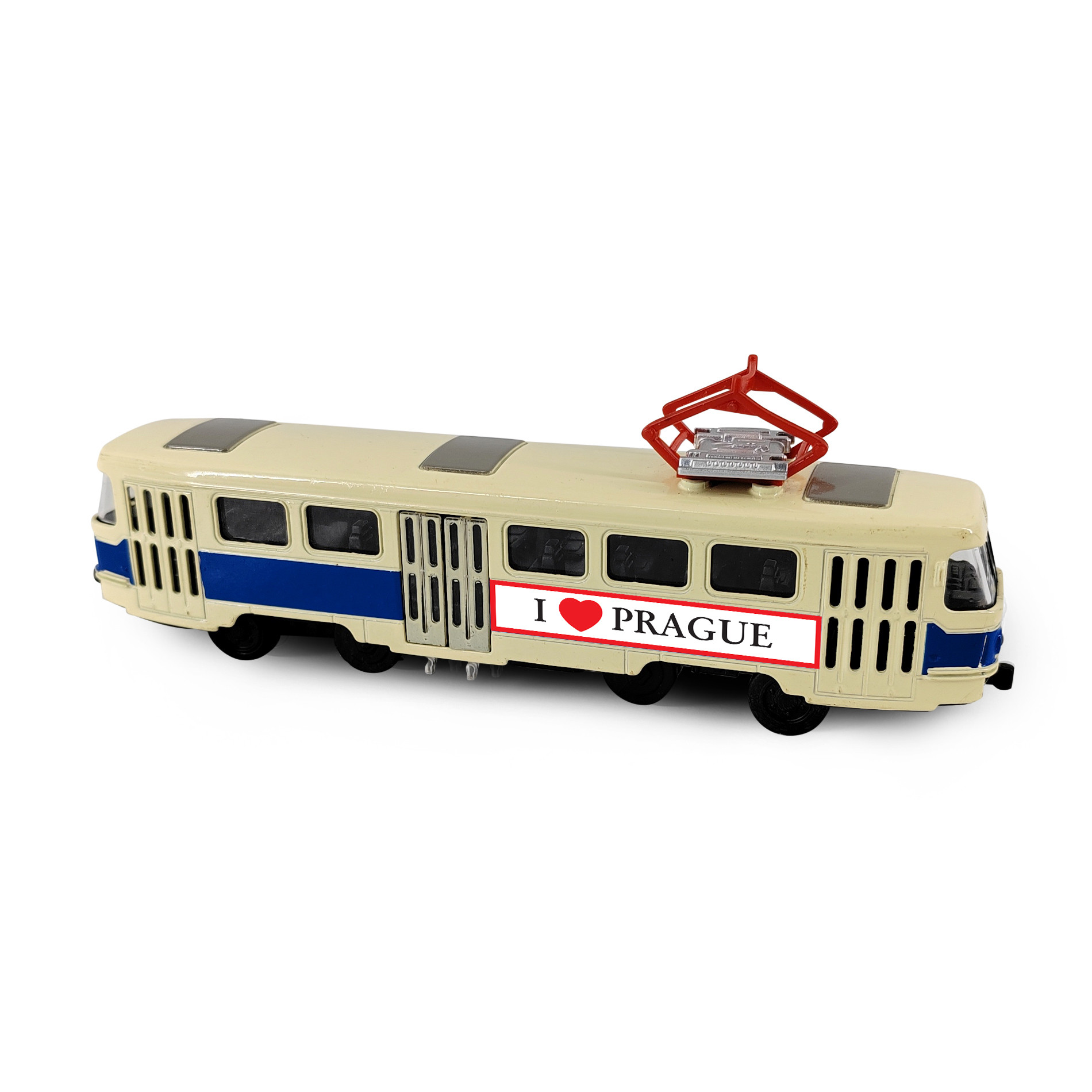 Kovová česká retro tramvaj modrá 16 cm PRAGUE otevírací dveře