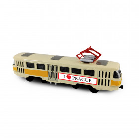 Kovová česká retro tramvaj žlutá 16 cm PRAGUE otevírací dveře