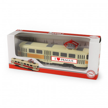Kovová česká retro tramvaj žlutá 16 cm PRAGUE otevírací dveře
