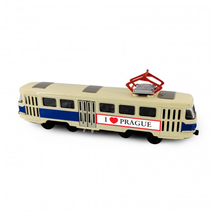 Kovová česká retro tramvaj modrá 16 cm PRAGUE otevírací dveře