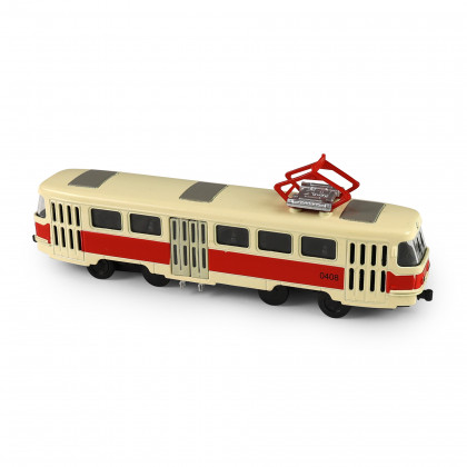 Kovová česká retro električka červená 16 cm so svetlom a zvukom