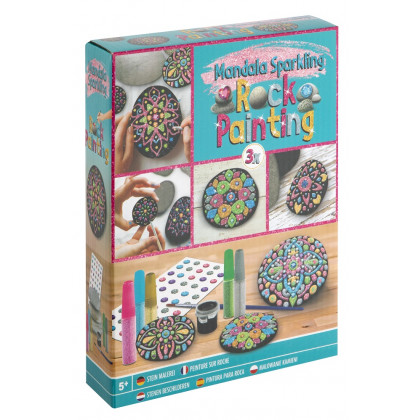Kreatívny set maľovanie kamienkov mandala 3 kamienkami a 5 glitterových farieb/lepidiel