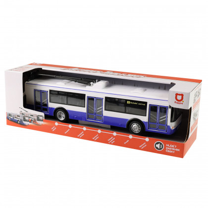 Trolejbus ktorý hlási zastávky česky 28 cm modrý
