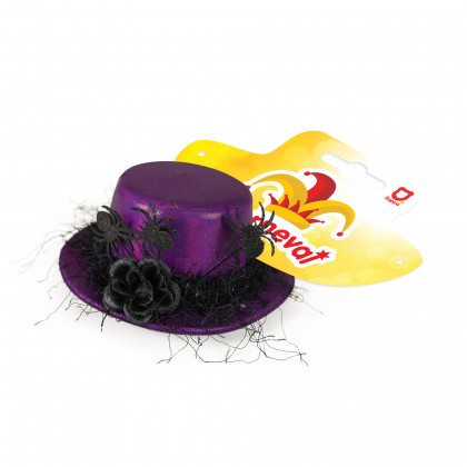 Mini klobúk fialový s čiernym kvetom a pavúčikmi