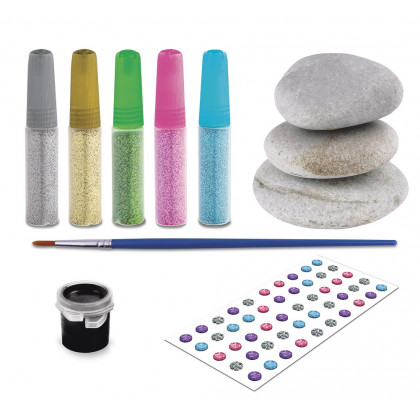 Kreatívny set maľovanie kamienkov mandala 3 kamienkami a 5 glitterových farieb/lepidiel